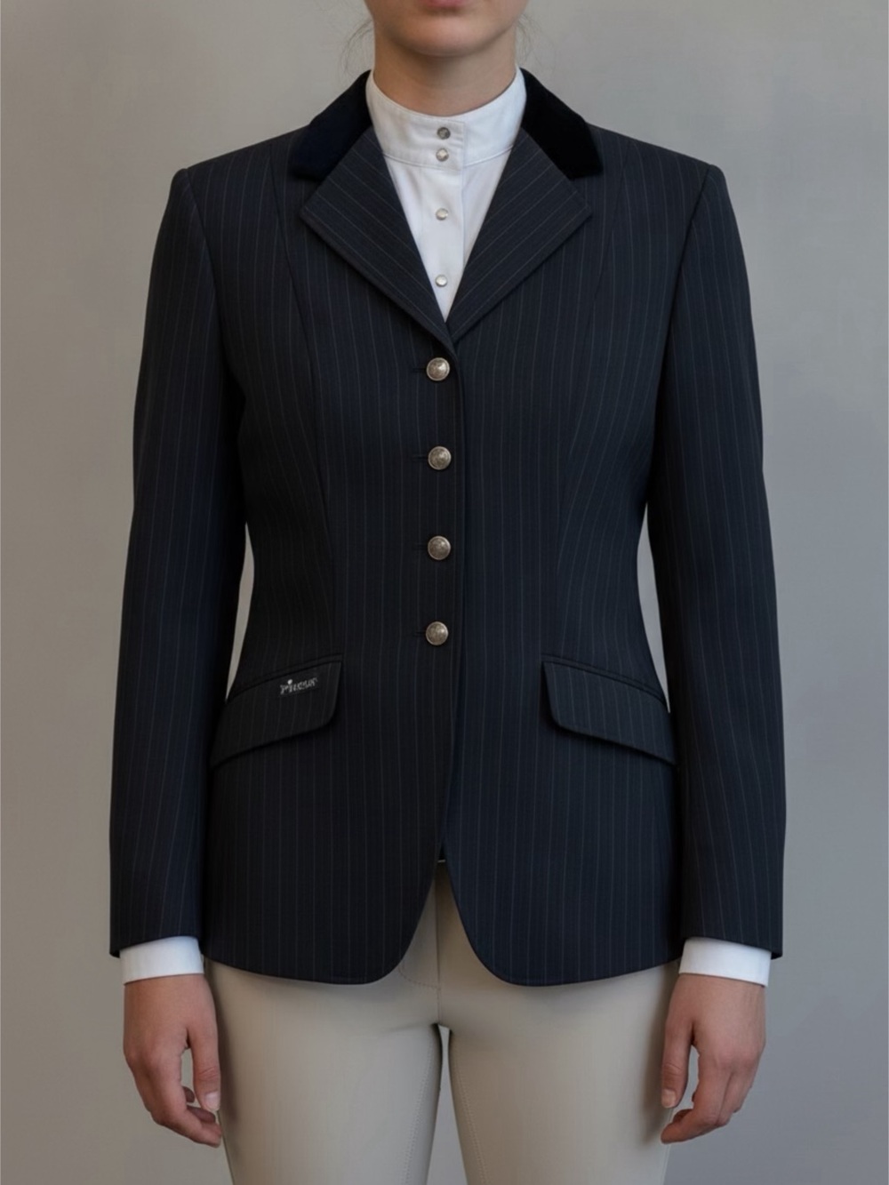 Pikeur Women's Navy Pinstripe Equestrian Blazer with Velvet Collar Sz XS READ